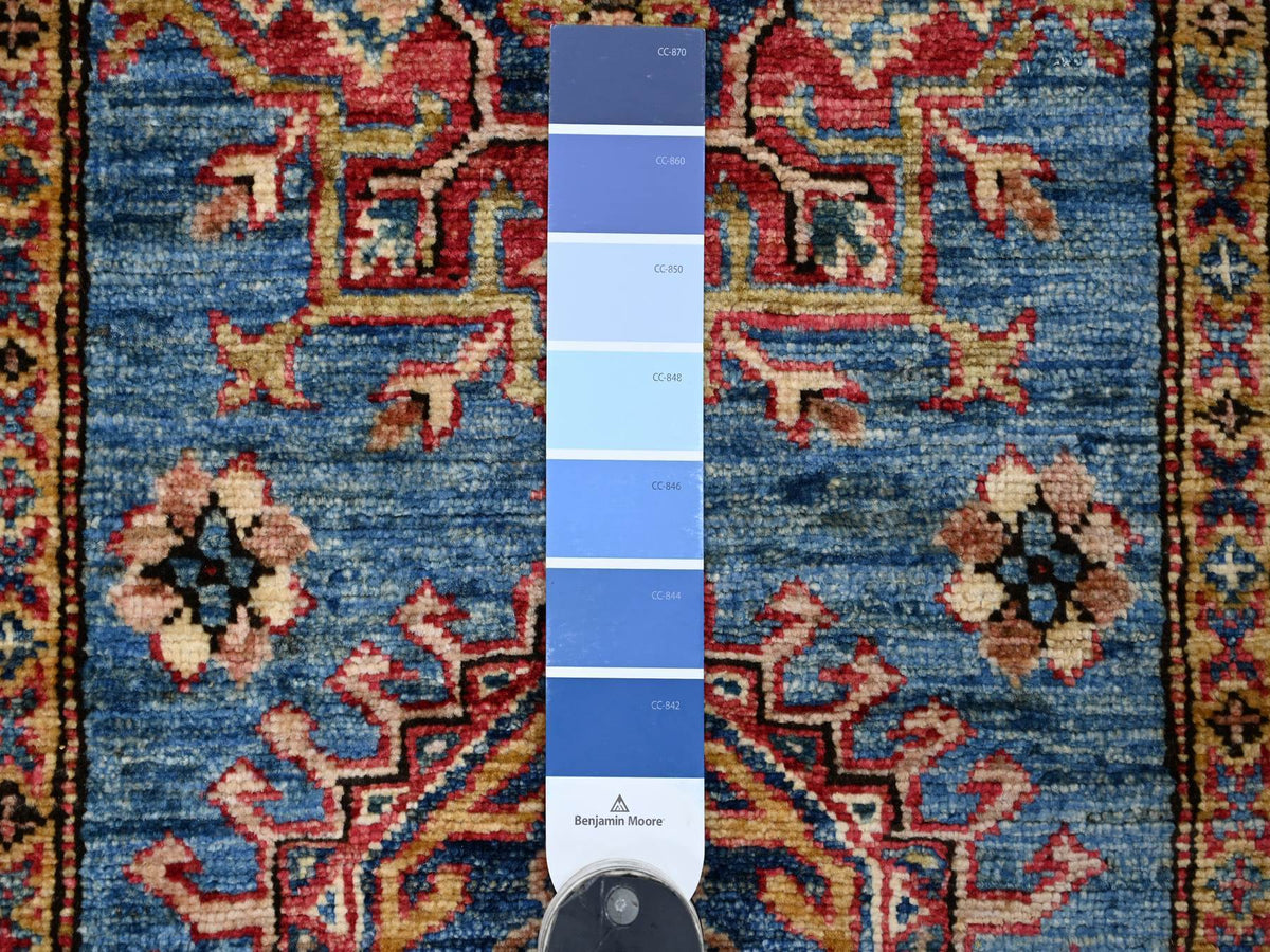 Kazak Tribal & Geometric hand-knotted wool runner in Blue & Red, 2'7" x 8' — SKU O021452 (view 3)