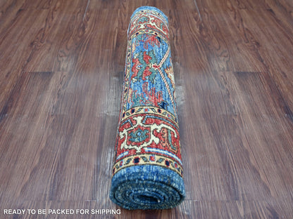Blue 2'2" x 6'3" Tribal & Geometric Hand knotted Wool Rug - Sku: O021460