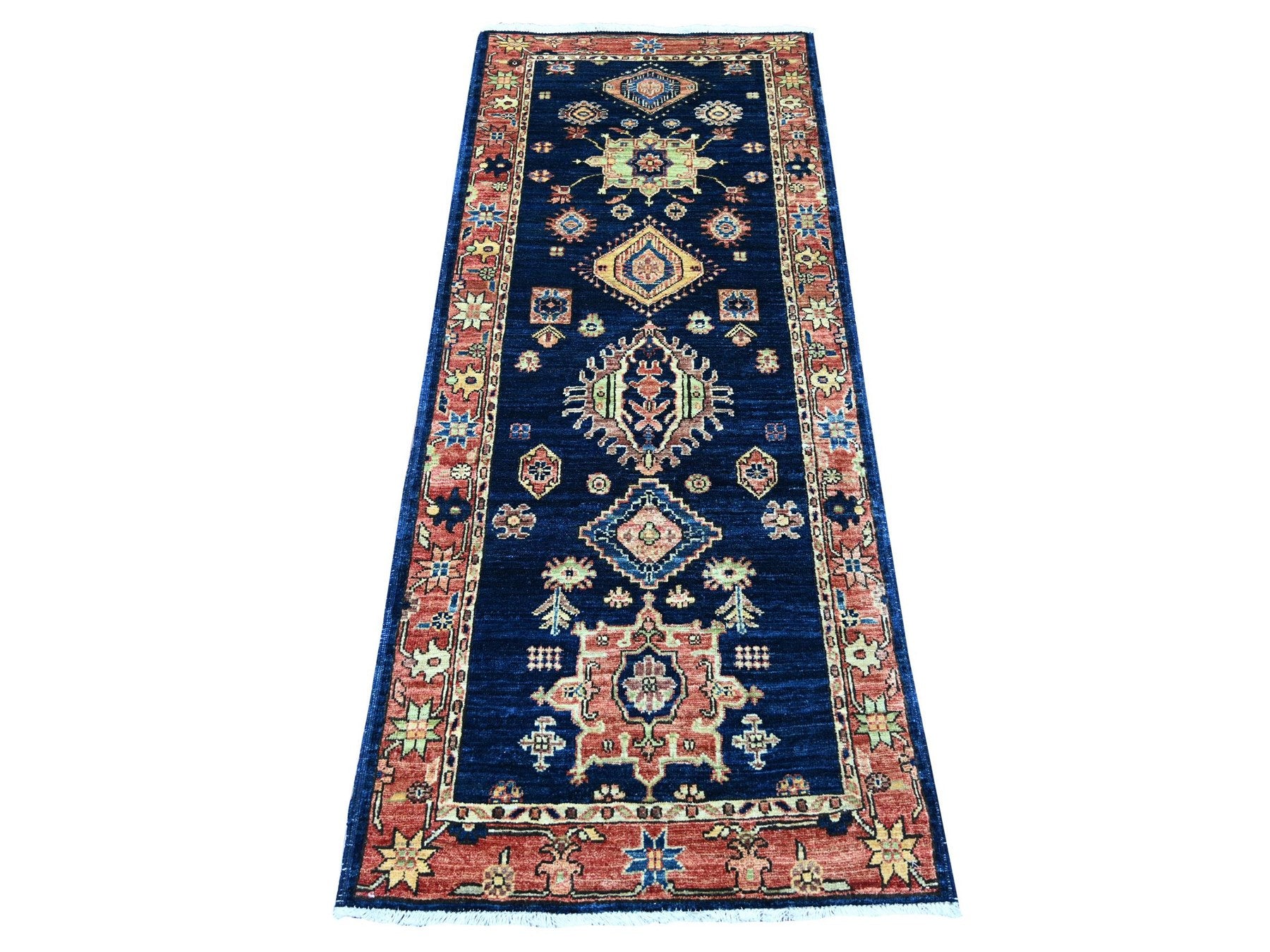 Peshawar Tribal & Geometric hand-knotted wool runner in Blue & Rust, 2'5" x 5'11" — SKU O021461