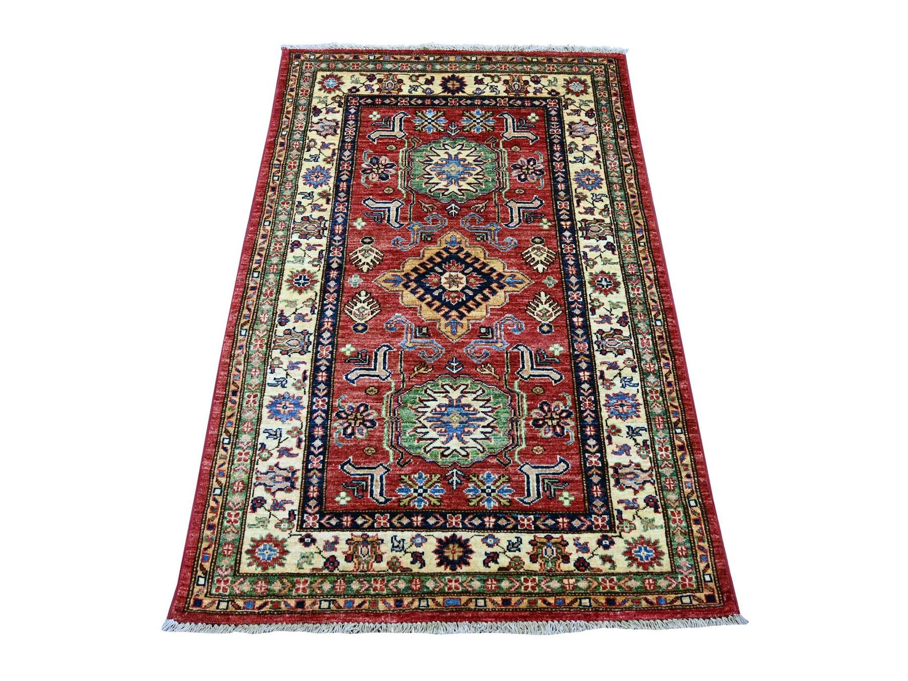 Kazak Tribal & Geometric hand-knotted wool rug in Red & Ivory, 3'3" x 4'11" — SKU O021469