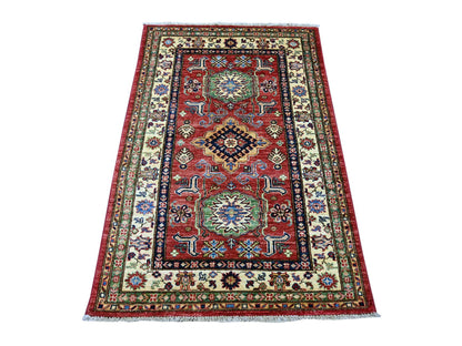 Kazak Tribal & Geometric hand-knotted wool rug in Red & Ivory, 3'3" x 4'11" — SKU O021469