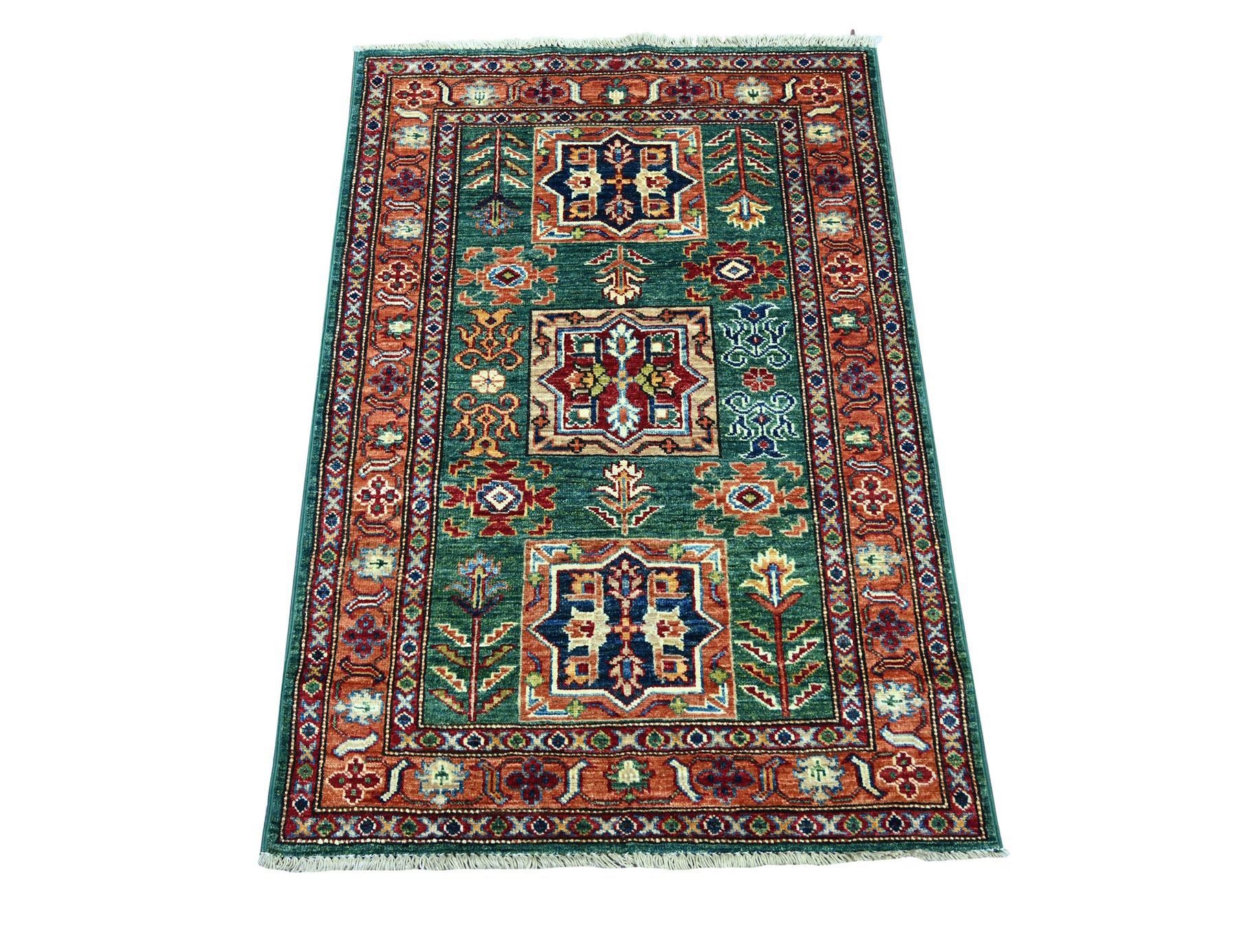 Green 2'10" x 4'0" Tribal & Geometric Hand knotted Wool Rug - Sku: O021475