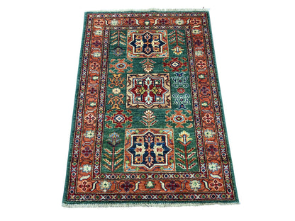 Green 2'10" x 4'0" Tribal & Geometric Hand knotted Wool Rug - Sku: O021475
