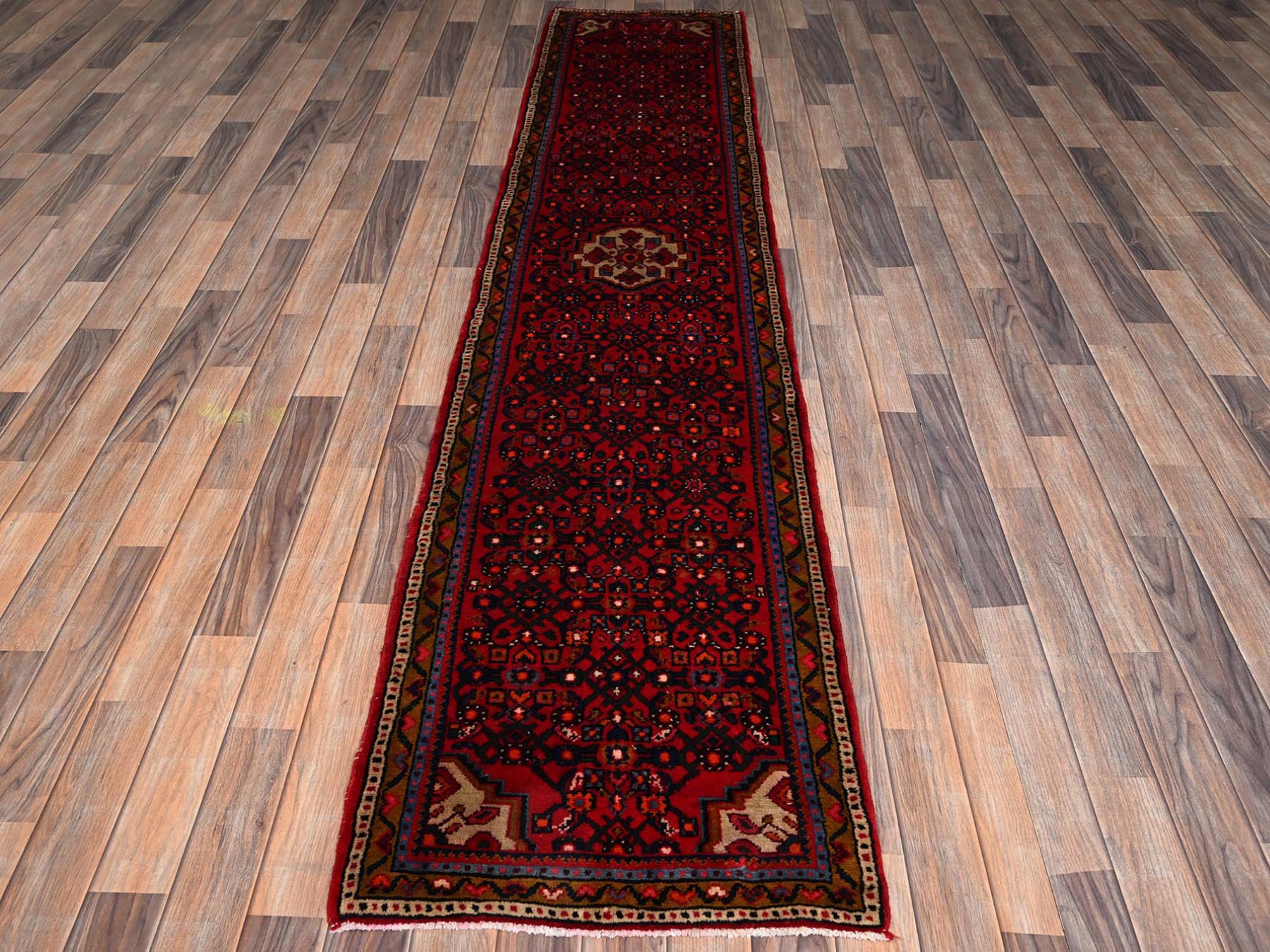 Tribal & Geometric hand-knotted wool runner in Red & Brown, 2'1" x 10' — SKU O02147 (view 2)