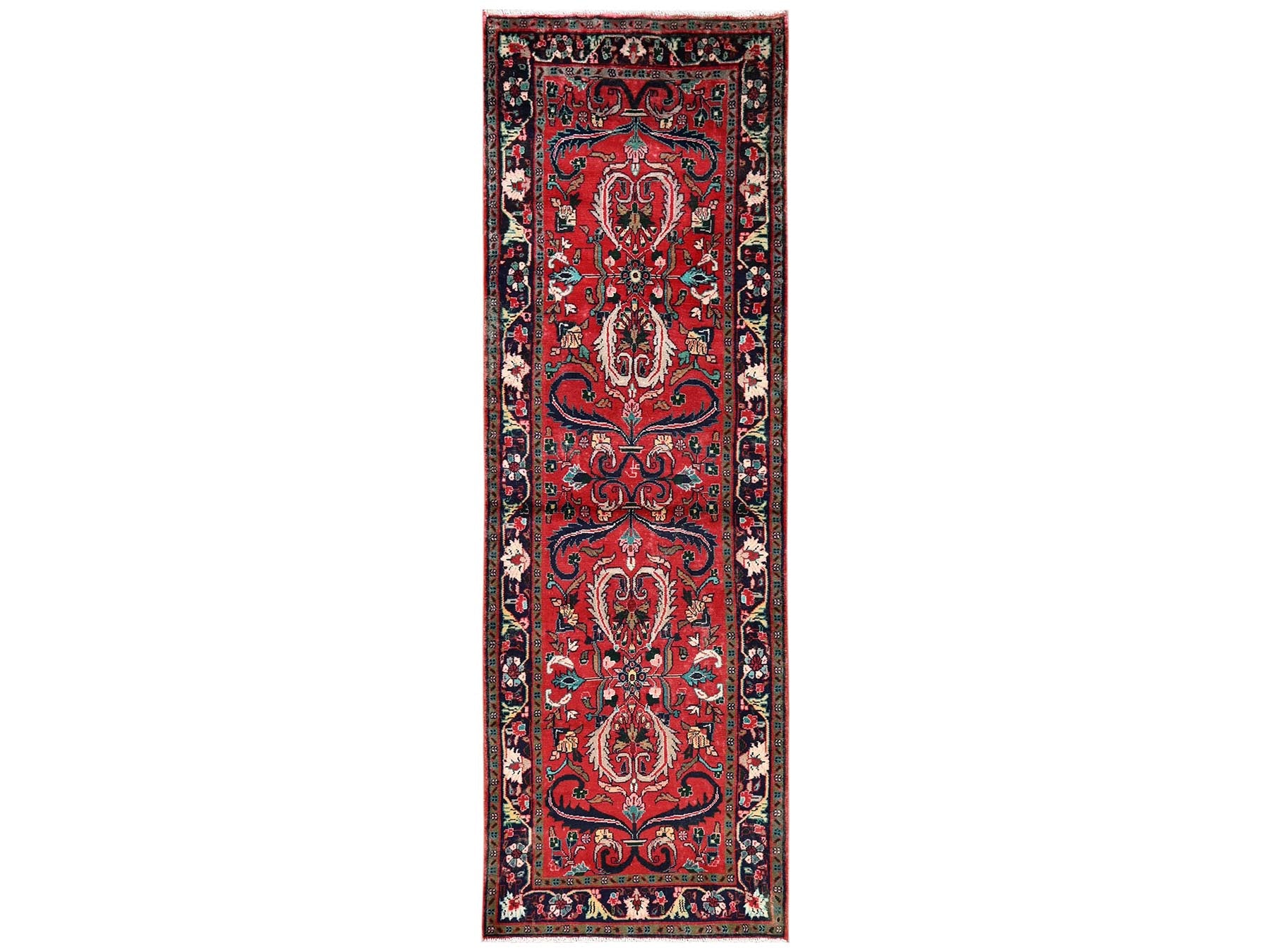 Tribal & Geometric hand-knotted wool runner in Red & Navy Blue, 2'9" x 8'7" — SKU O02148