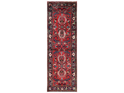 Tribal & Geometric hand-knotted wool runner in Red & Navy Blue, 2'9" x 8'7" — SKU O02148