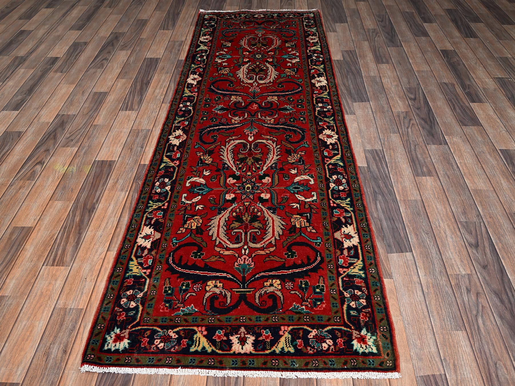 Tribal & Geometric hand-knotted wool runner in Red & Navy Blue, 2'9" x 8'7" — SKU O02148 (view 2)
