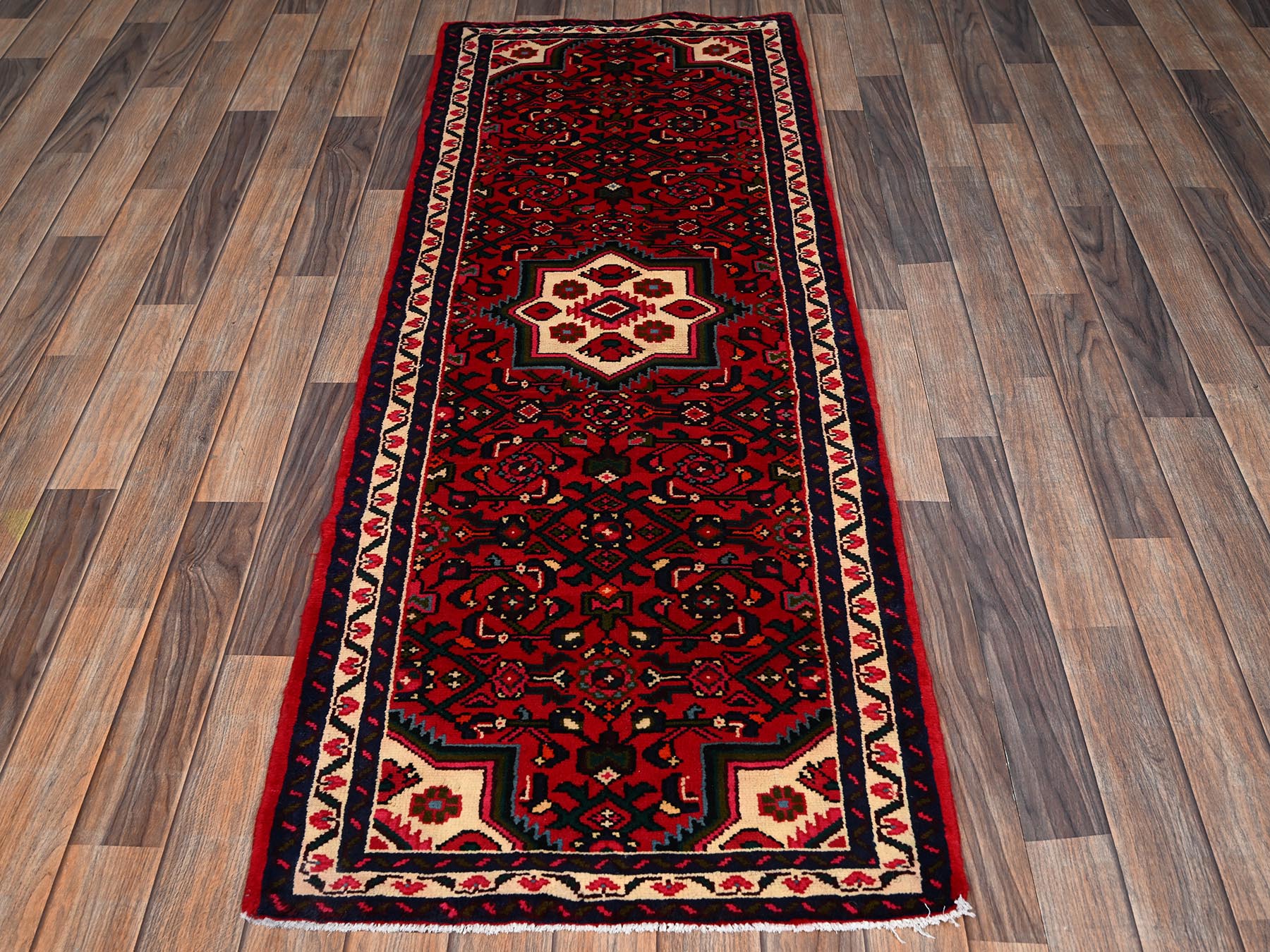 Tribal & Geometric hand-knotted wool runner in Red & Ivory, 2'3" x 6'3" — SKU O02149 (view 2)