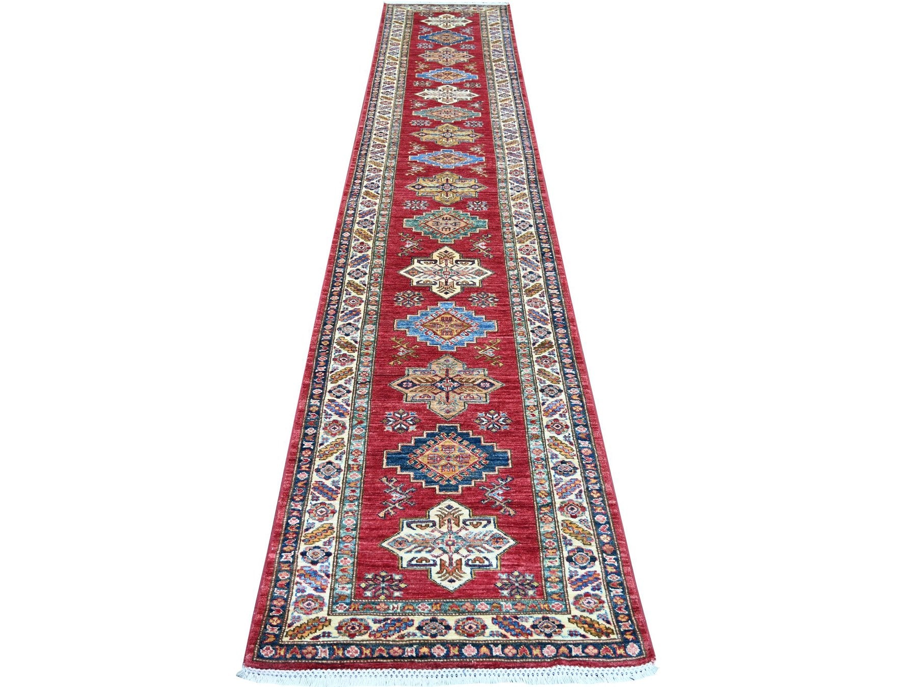 Kazak Tribal & Geometric hand-knotted wool runner in Red & Ivory, 2'7" x 13'4" — SKU O021500