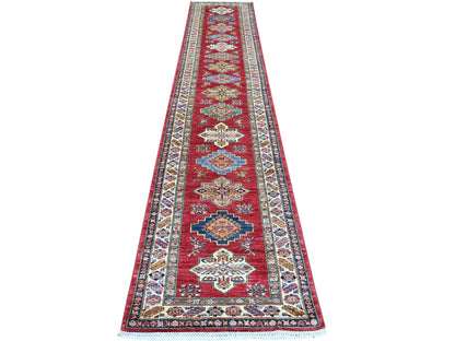Kazak Tribal & Geometric hand-knotted wool runner in Red & Ivory, 2'7" x 13'4" — SKU O021500