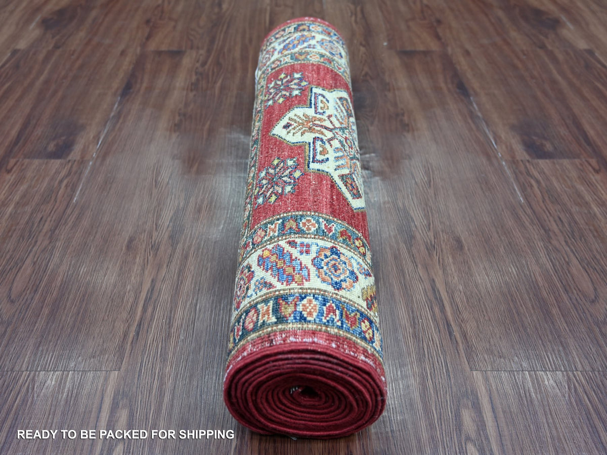 Kazak Tribal & Geometric hand-knotted wool runner in Red & Ivory, 2'7" x 13'4" — SKU O021500 (view 4)