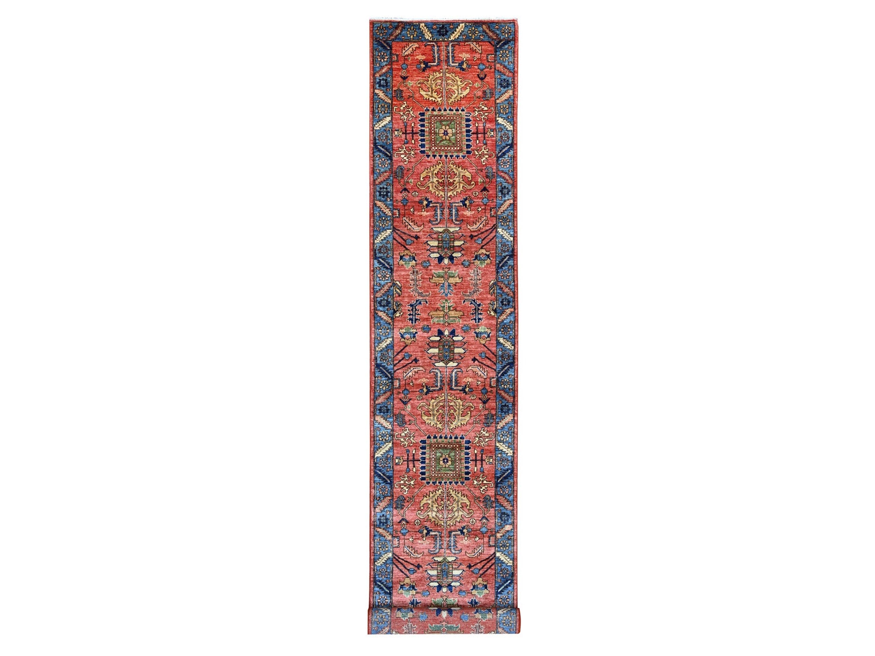 Heriz Tribal & Geometric hand-knotted wool runner in Red & Blue, 2'11" x 19'1" — SKU O021501