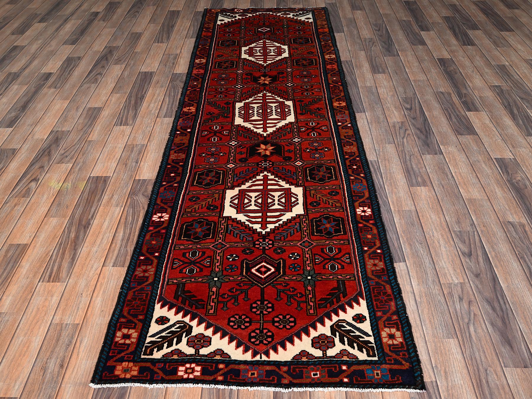 Hamadan Tribal & Geometric hand-knotted wool runner in Red & Brown, 2'10" x 9'6" — SKU O02151 (view 2)
