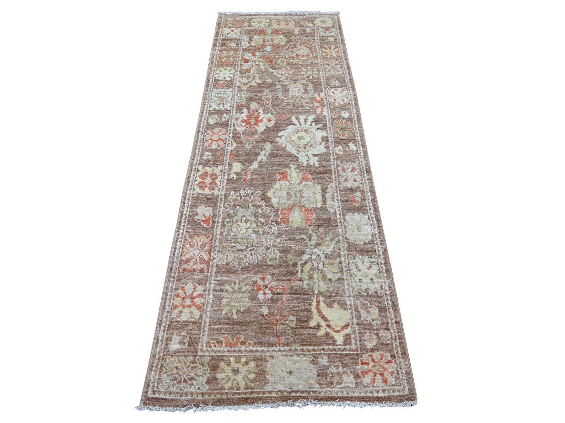 Brown 2'7" x 7'8" Oushak And Peshawar Hand knotted Wool Rug - Sku: O021527