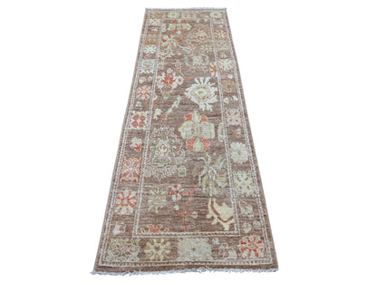 Brown 2'7" x 7'8" Oushak And Peshawar Hand knotted Wool Rug - Sku: O021527