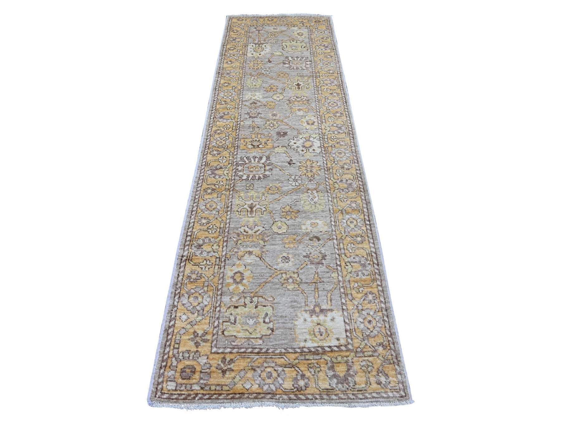 Grey 2'9" x 9'7" Oushak And Peshawar Hand knotted Wool Rug - Sku: O021531