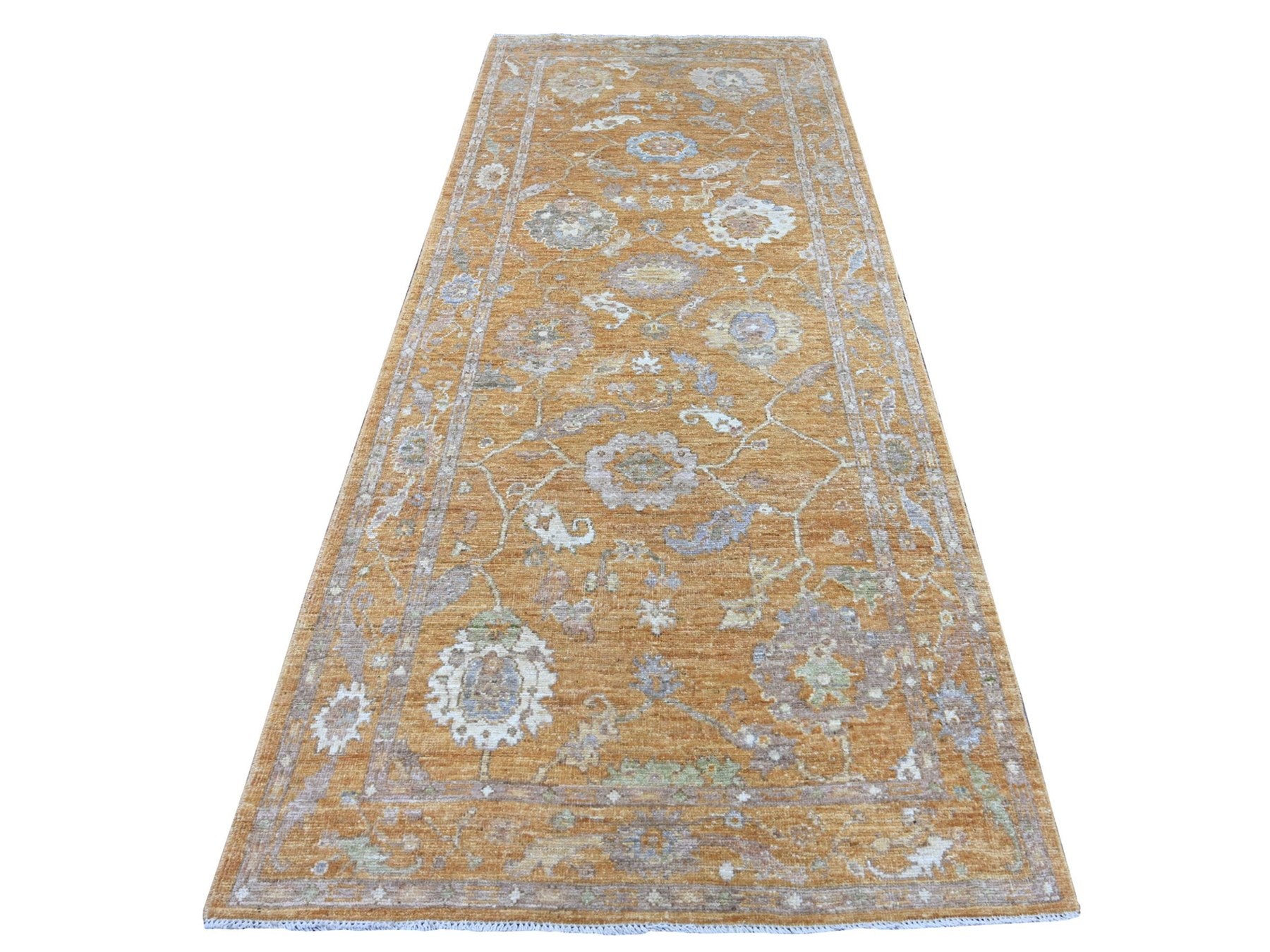 Brown 4'1" x 10'1" Oushak And Peshawar Hand knotted Wool Rug - Sku: O021543