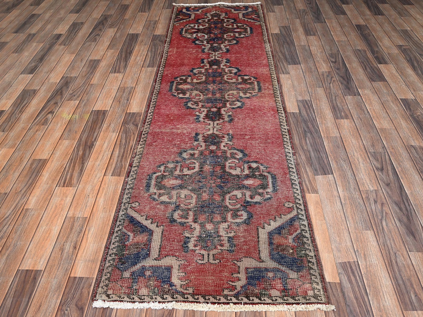 Vintage hand-knotted wool runner in Red, 2'6" x 8'6" — SKU O02154 (view 2)