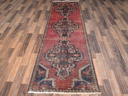 Vintage hand-knotted wool runner in Red, 2'6" x 8'6" — SKU O02154 (view 2)