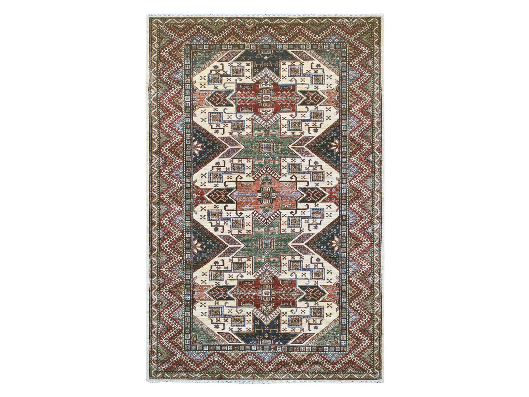 Ivory 5'11" x 9'1" Kazak Hand knotted Wool Rug - Sku: O021552