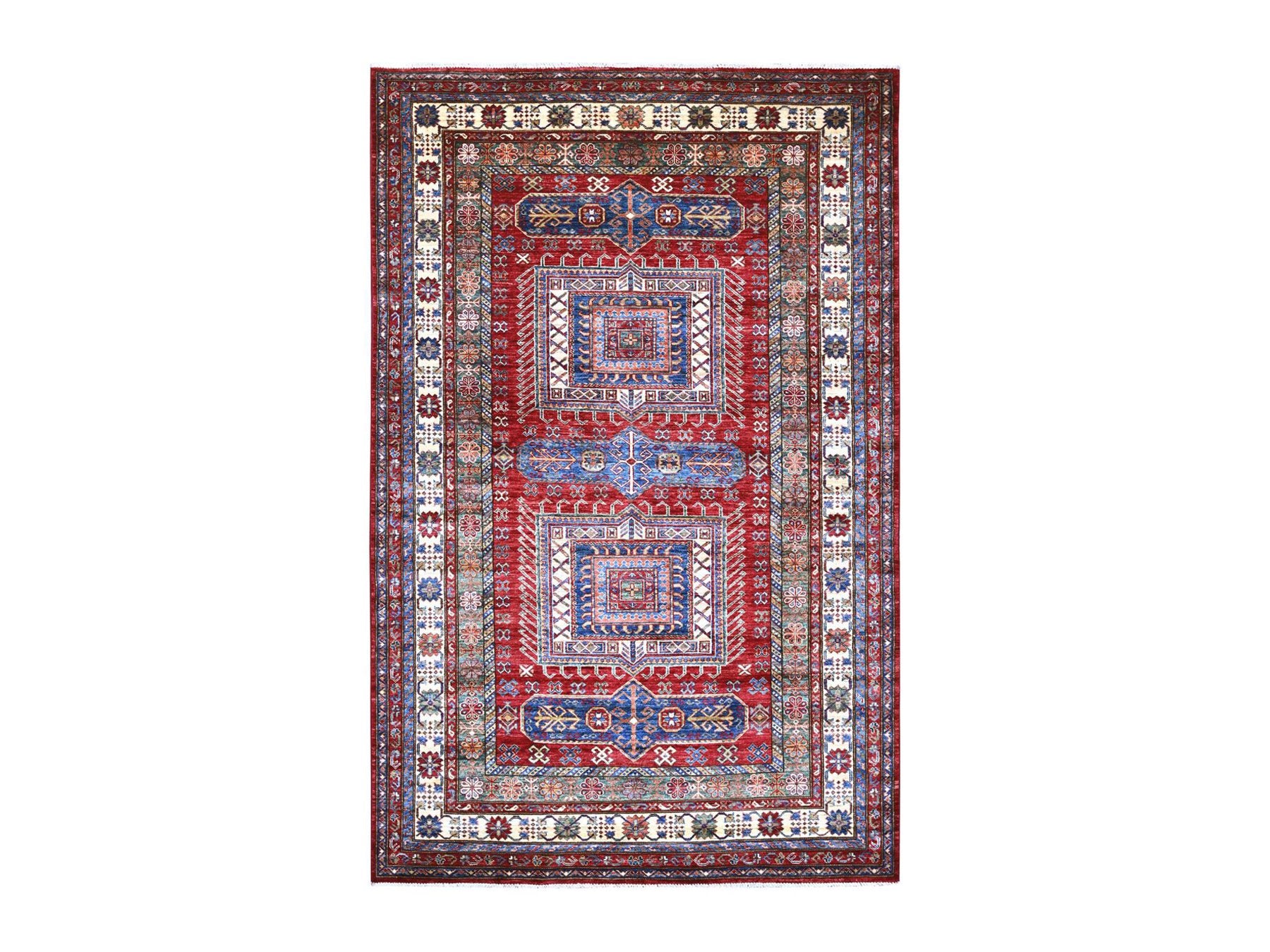 Kazak Tribal & Geometric hand-knotted wool rug in Red & Ivory, 5'11" x 9'4" — SKU O021553