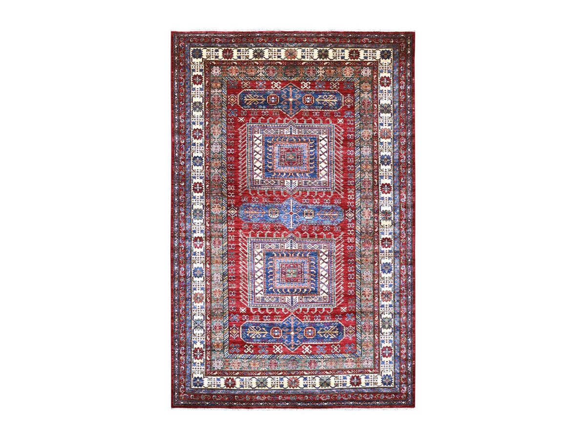 Kazak Tribal & Geometric hand-knotted wool rug in Red & Ivory, 5'11" x 9'4" — SKU O021553