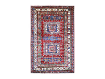 Kazak Tribal & Geometric hand-knotted wool rug in Red & Ivory, 5'11" x 9'4" — SKU O021553