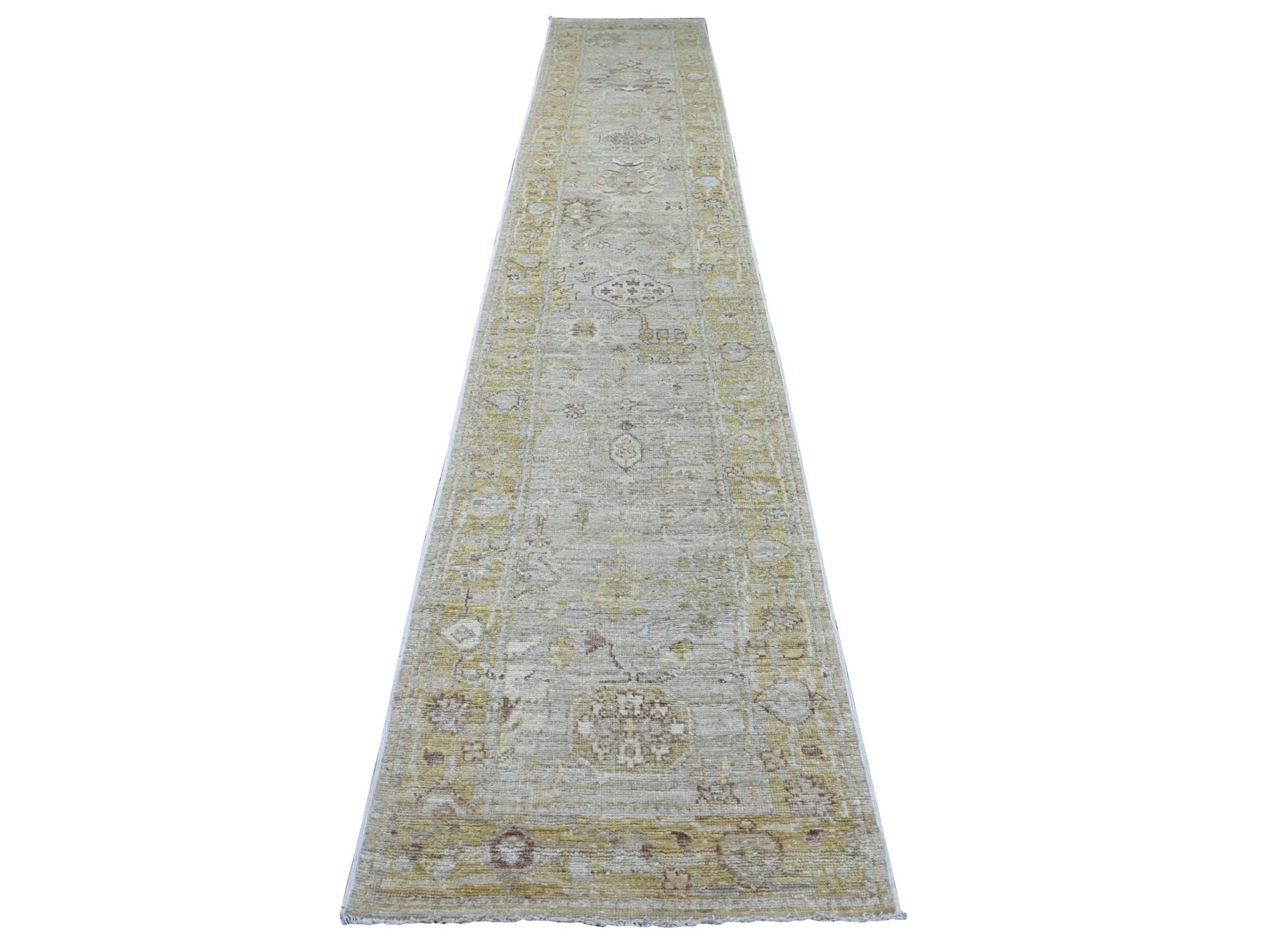 Grey 2'9" x 15'2" Oushak And Peshawar Hand knotted Wool Rug - Sku: O021569