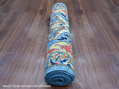 Blue 2'7" x 9'10" Tribal & Geometric Hand knotted Wool Rug - Sku: O021579