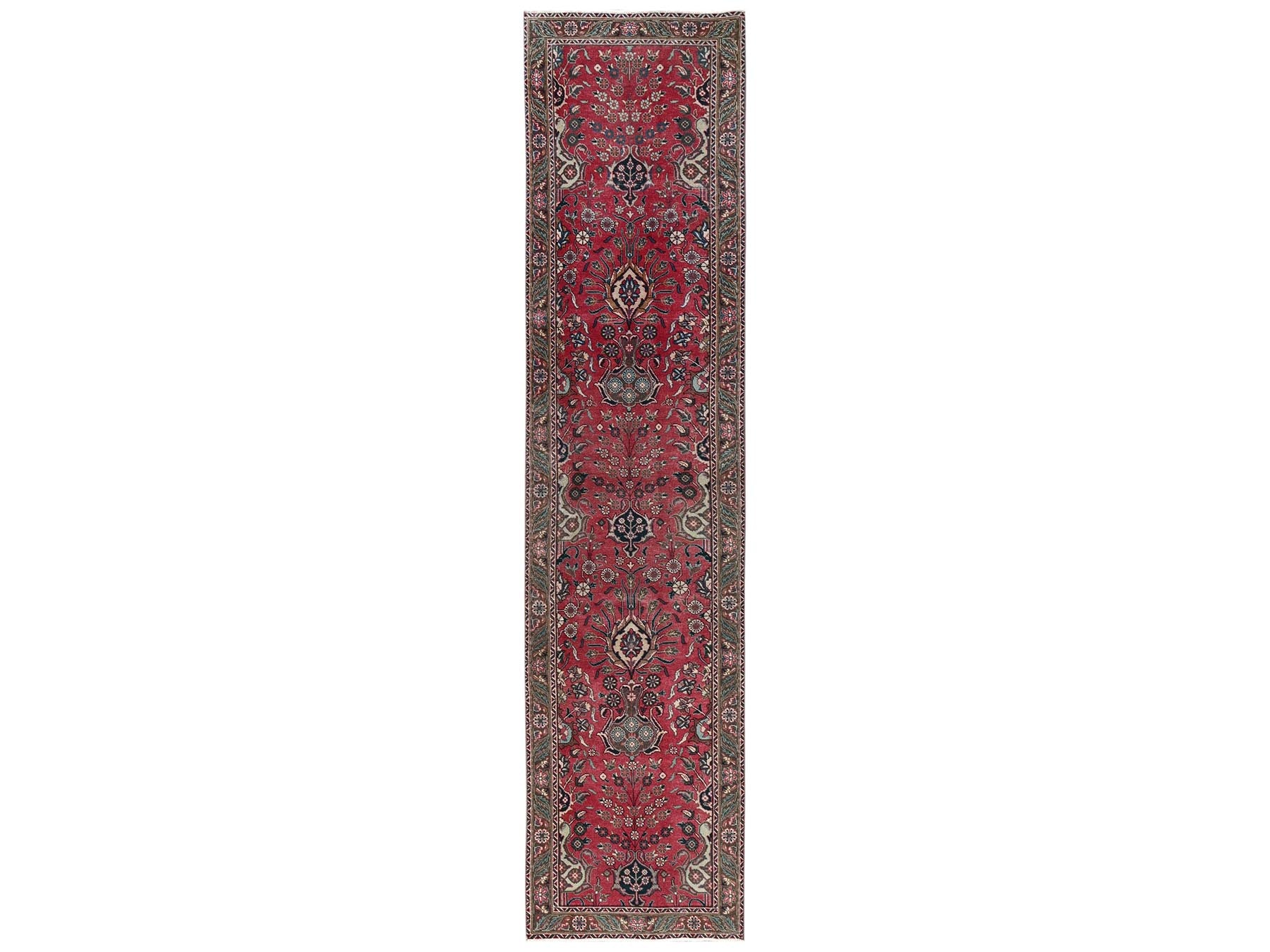 Tabriz Vintage hand-knotted wool runner in Red & Brown, 2'7" x 12'5" — SKU O02157