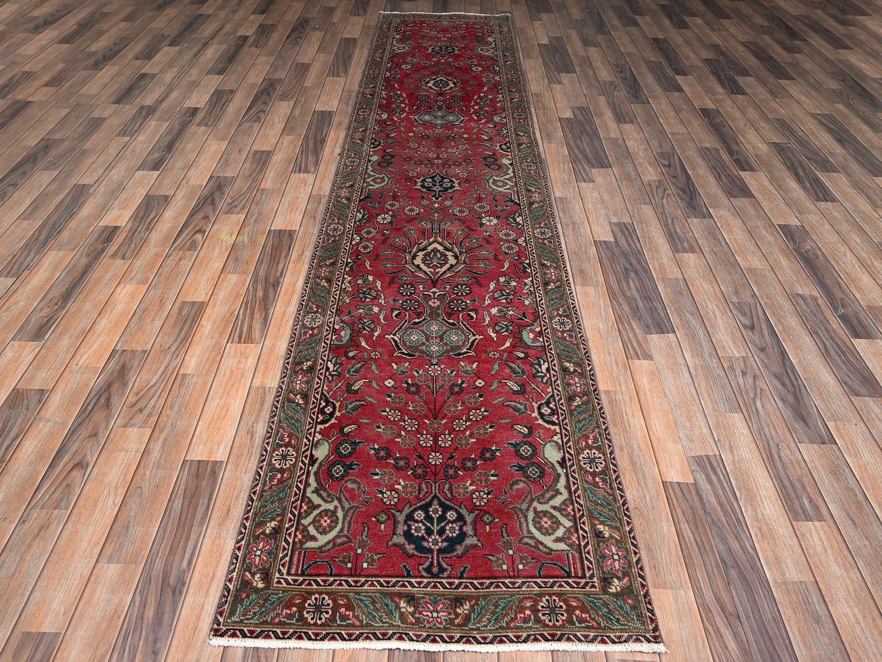 Tabriz Vintage hand-knotted wool runner in Red & Brown, 2'7" x 12'5" — SKU O02157 (view 2)