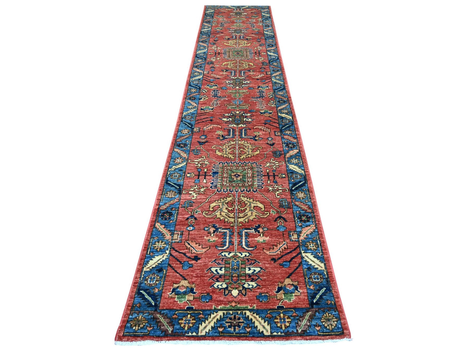 Heriz Tribal & Geometric hand-knotted wool runner in Red & Blue, 3' x 15'5" — SKU O021580