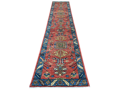 Heriz Tribal & Geometric hand-knotted wool runner in Red & Blue, 3' x 15'5" — SKU O021580