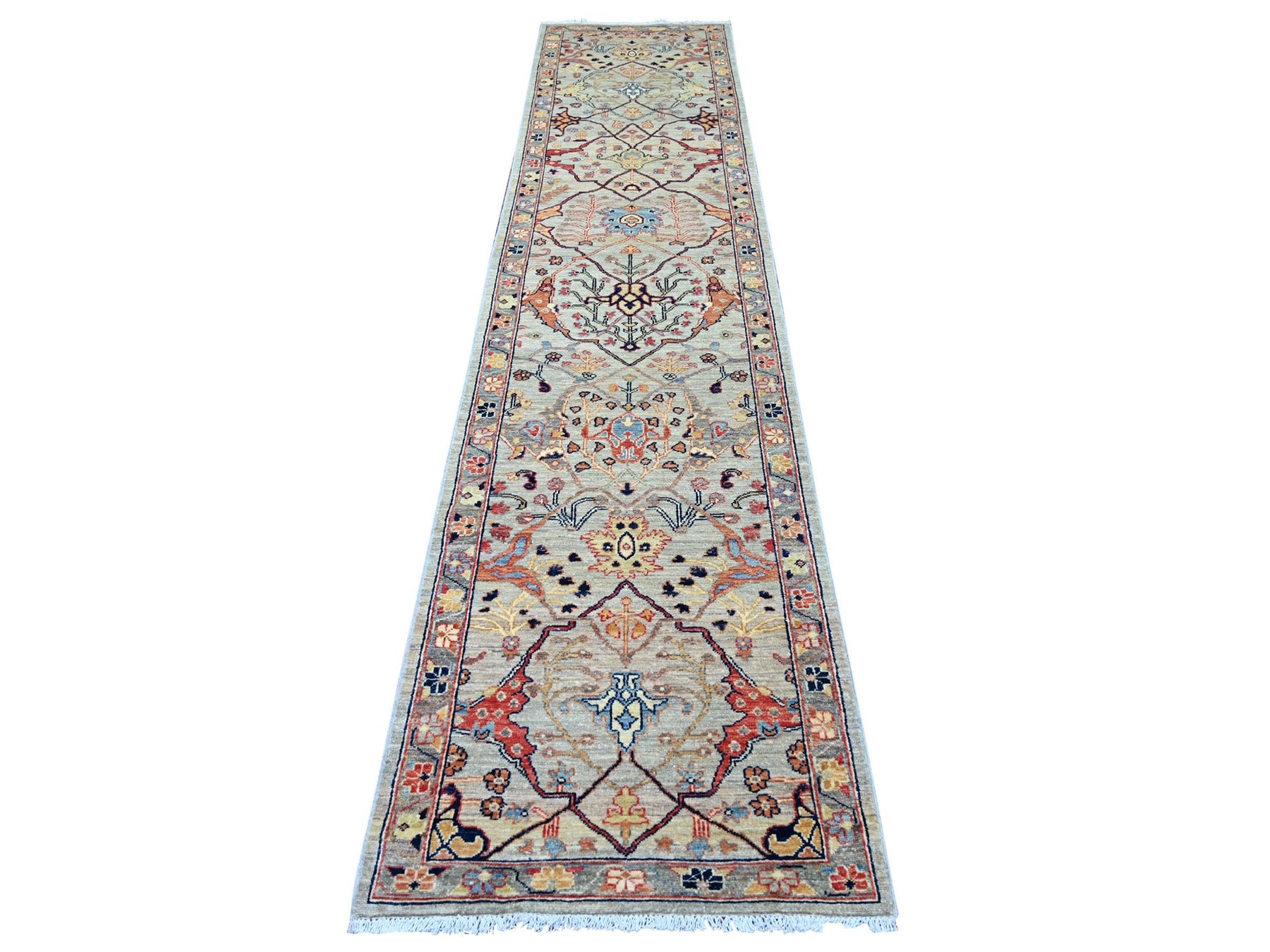 Grey 2'7" x 11'7" Tribal & Geometric Hand knotted Wool Rug - Sku: O021581