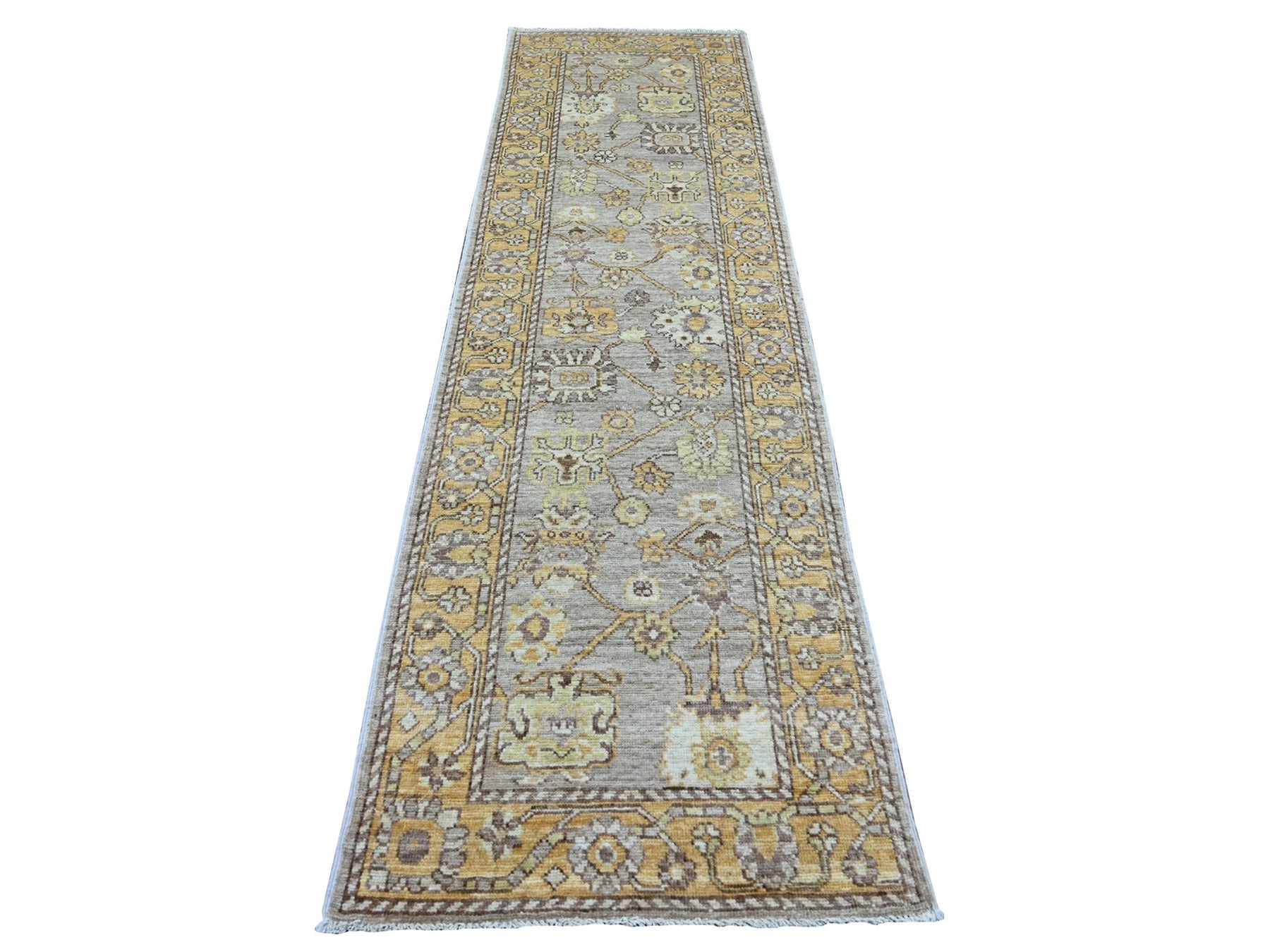 Grey 2'9" x 9'7" Oushak And Peshawar Hand knotted Wool Rug - Sku: O021585