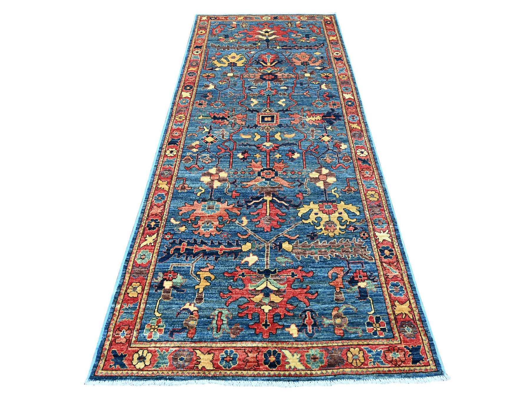 Blue 4'0" x 10'0" Tribal & Geometric Hand knotted Wool Rug - Sku: O021597