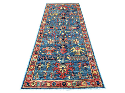 Blue 4'0" x 10'0" Tribal & Geometric Hand knotted Wool Rug - Sku: O021597
