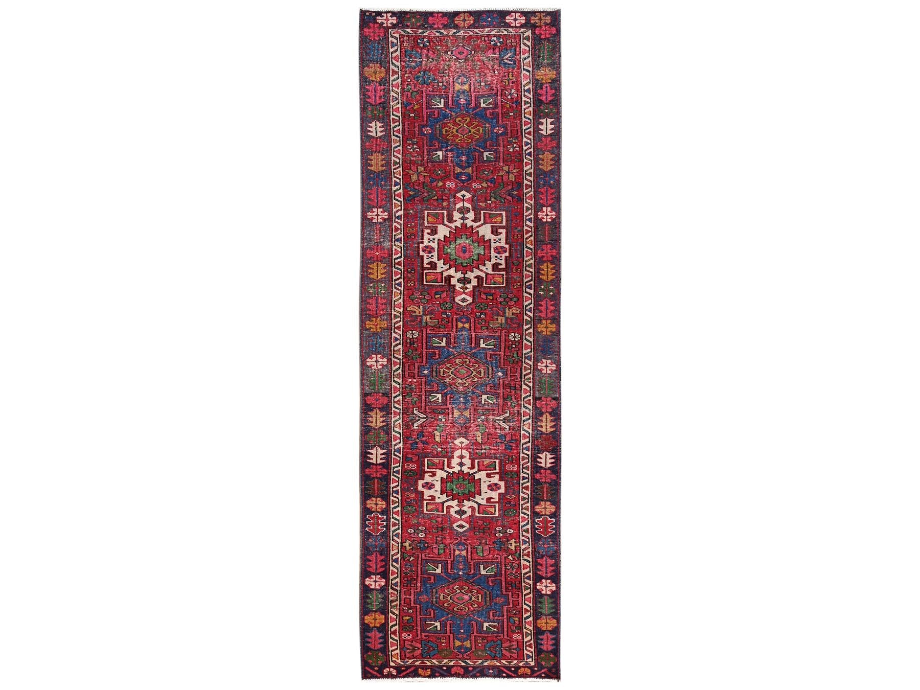 Vintage hand-knotted wool runner in Red & Colorful, 3'1" x 10'5" — SKU O02159