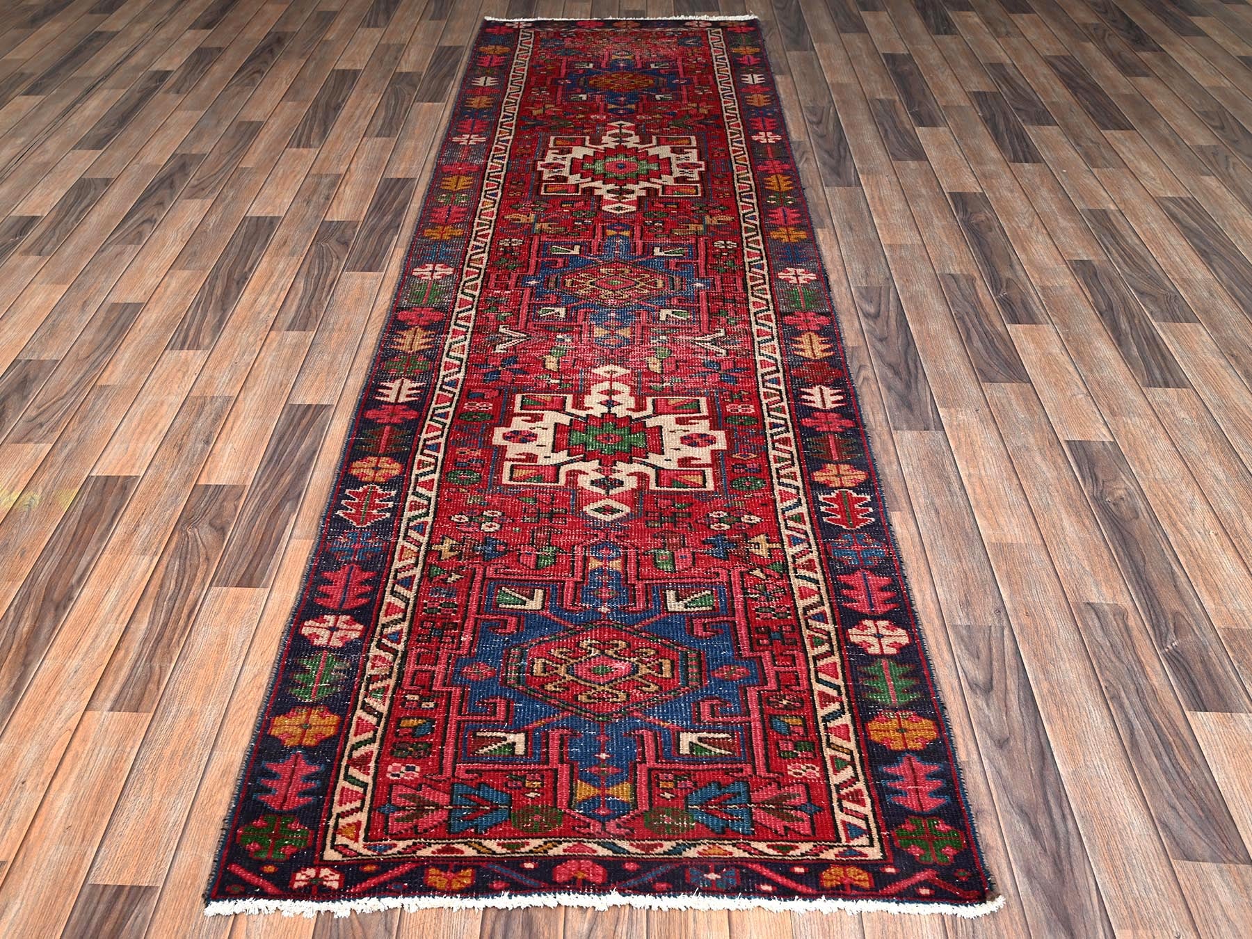 Vintage hand-knotted wool runner in Red & Colorful, 3'1" x 10'5" — SKU O02159 (view 2)