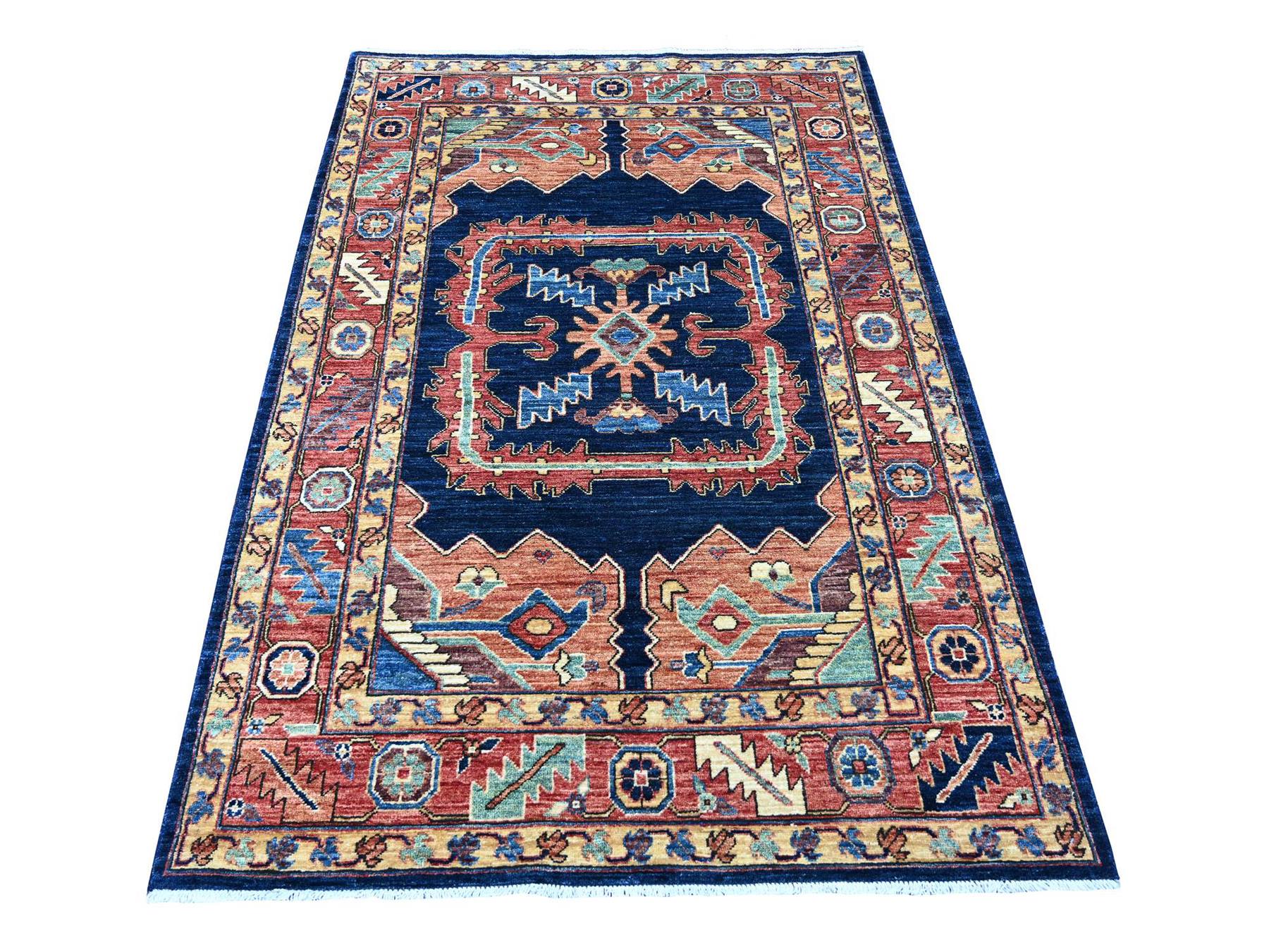 Blue 4'3" x 6'3" Tribal & Geometric Hand knotted Wool Rug - Sku: O021601