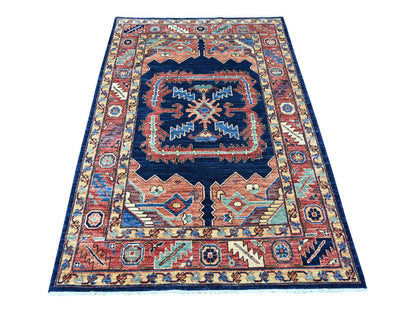 Blue 4'3" x 6'3" Tribal & Geometric Hand knotted Wool Rug - Sku: O021601