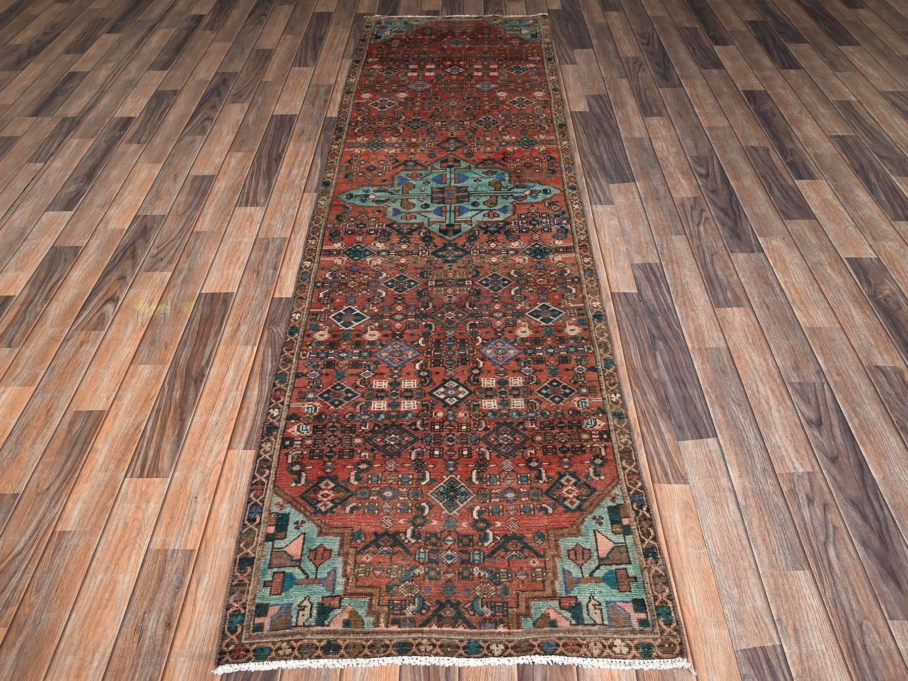 Vintage hand-knotted wool runner in Red & Brown, 2'7" x 9'2" — SKU O02160 (view 2)