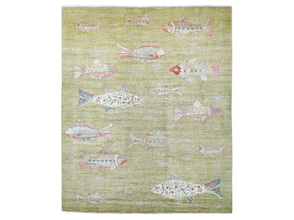 Green 8'2" x 9'9" Modern and Contemporary Hand knotted Wool Rug - Sku: O021620