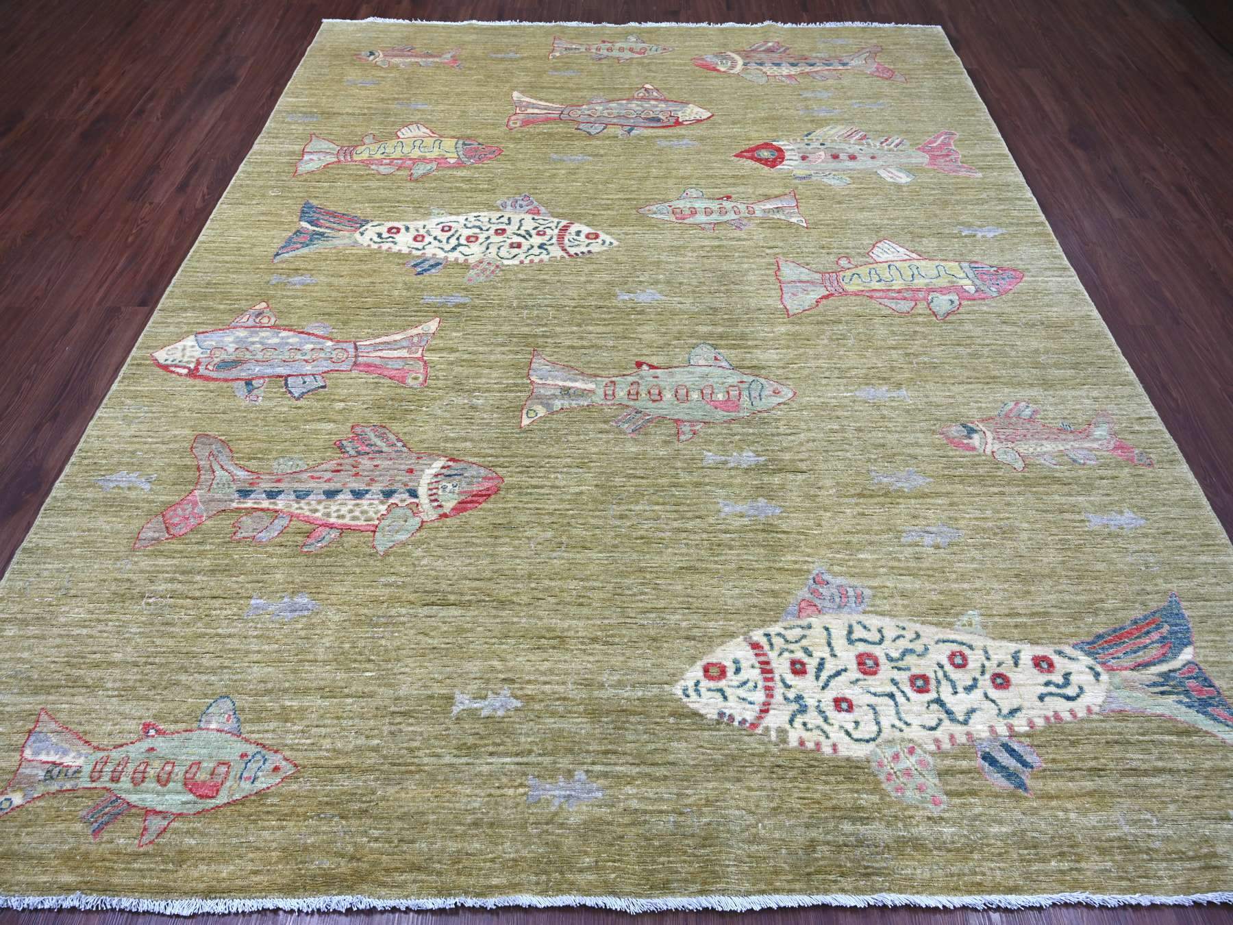 Green 8'2" x 9'9" Modern and Contemporary Hand knotted Wool Rug - Sku: O021620