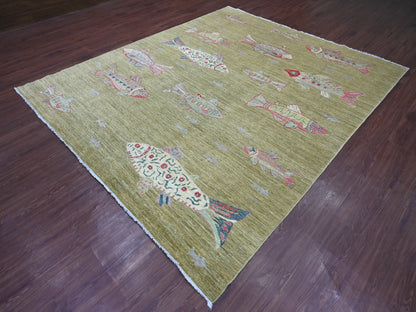 Green 8'2" x 9'9" Modern and Contemporary Hand knotted Wool Rug - Sku: O021620