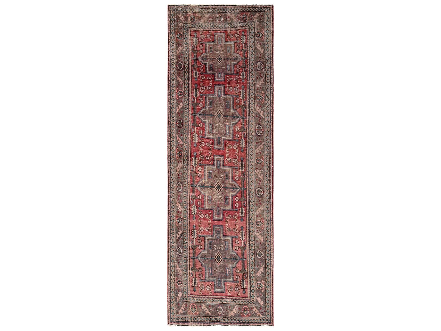 Tabriz Vintage hand-knotted wool runner in Red & Brown, 3'3" x 9'3" — SKU O02163
