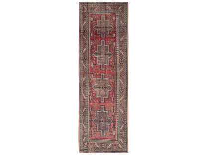 Tabriz Vintage hand-knotted wool runner in Red & Brown, 3'3" x 9'3" — SKU O02163