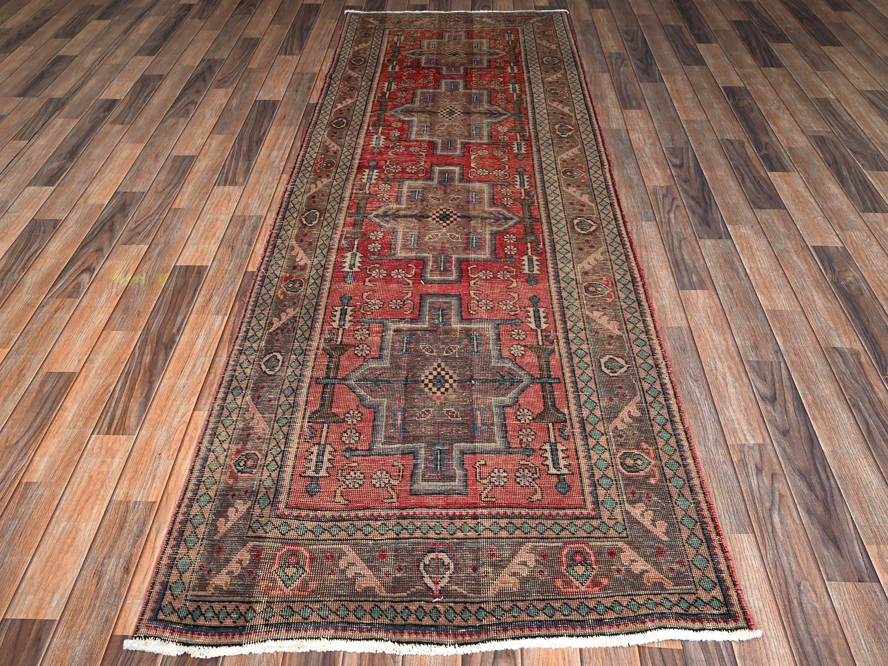 Tabriz Vintage hand-knotted wool runner in Red & Brown, 3'3" x 9'3" — SKU O02163 (view 2)