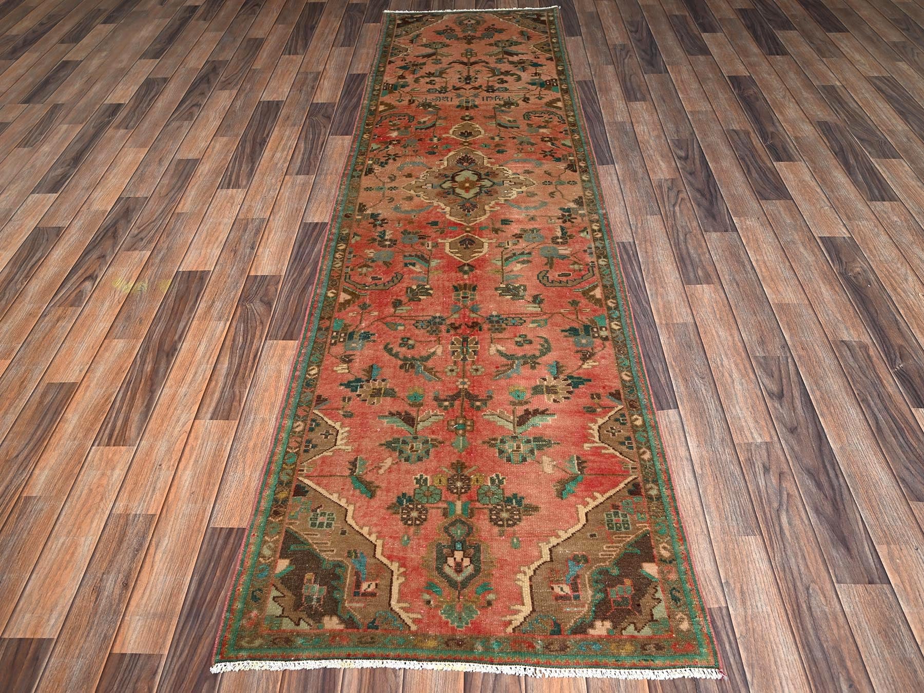 Vintage hand-knotted wool runner in Pink & Brown, 2'7" x 9'2" — SKU O02164 (view 2)