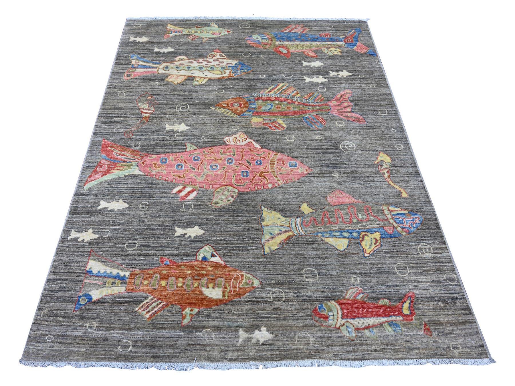 Peshawar Modern / Contemporary hand-knotted wool rug in Gray, 4'11" x 6'6" — SKU O021659